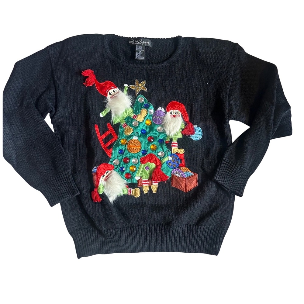 Work In Progress Ugly Christmas Sweater Womens M Gnome Tree Beaded Fuzzy Beard